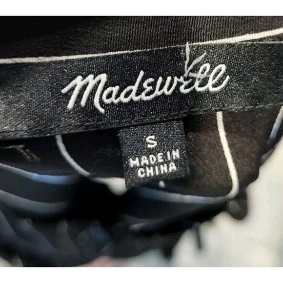 Madewell 100% Silk Black Stripe Button Up Blouse Ruffles Peplum Sz S - Picture 5 of 6